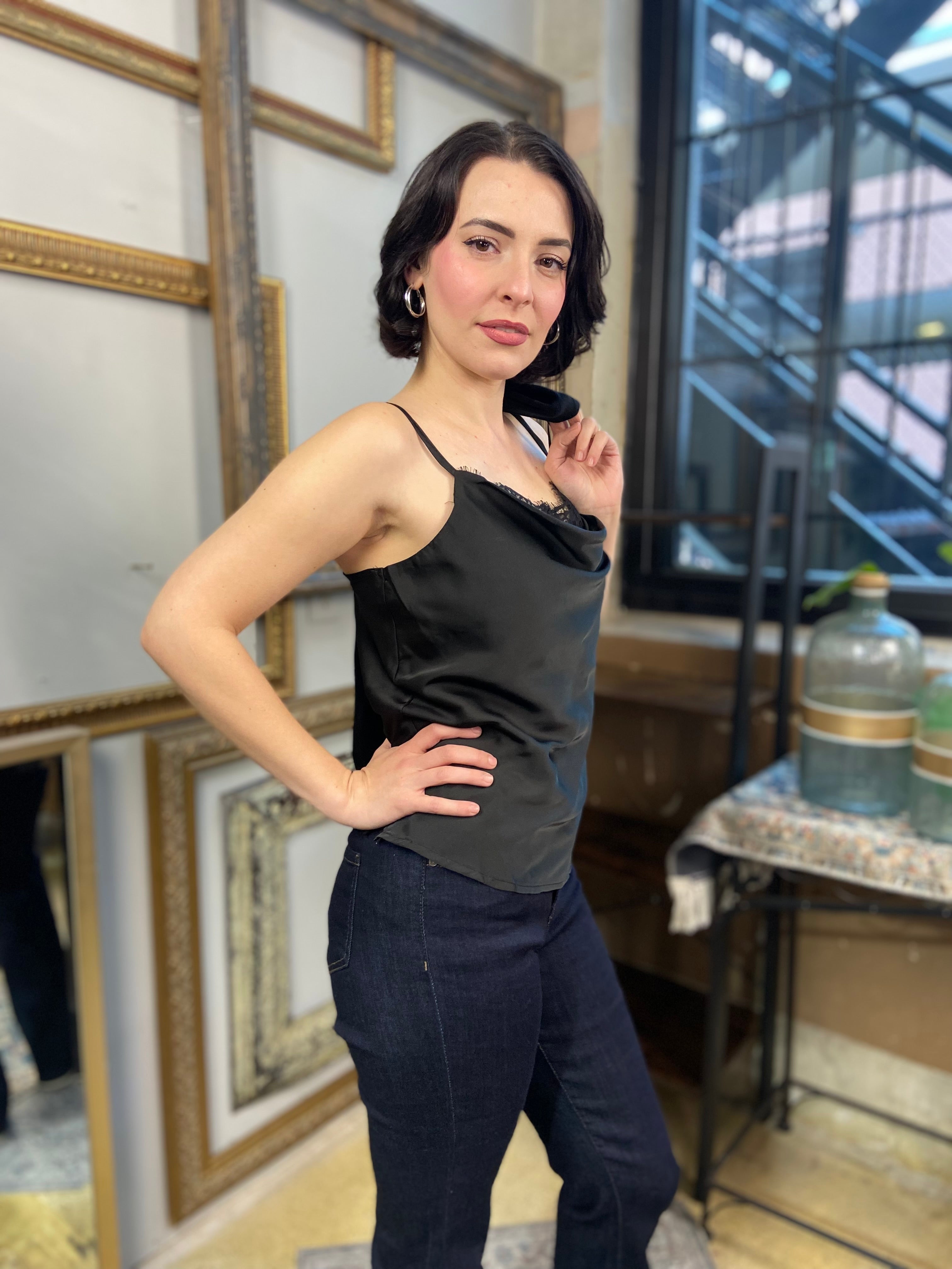 Lola Black Lace Satin Tank Top