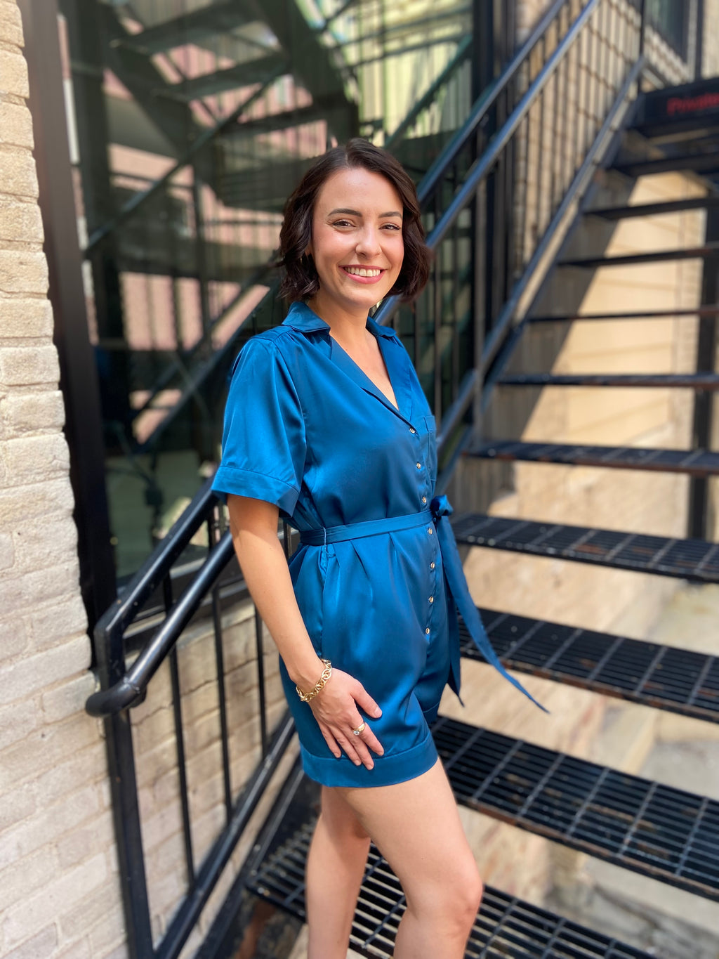 Harper Teal Satin Romper