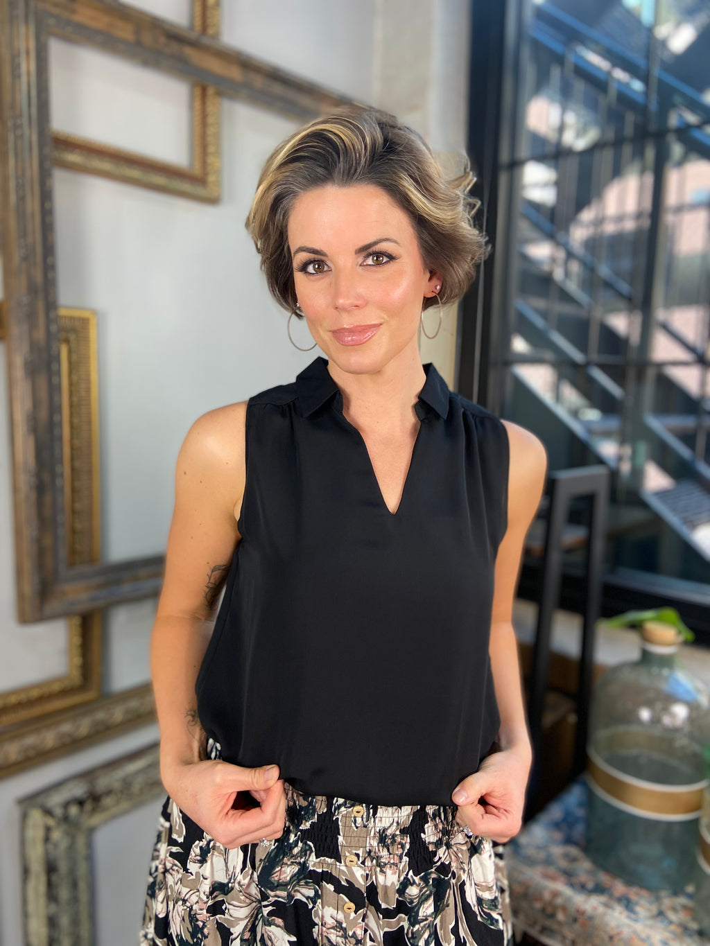 Stacy Black Sleeveless Collard V- Neck Top