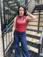 Mary Burgundy Vegan Leather Mock Neck Sleeveless Top