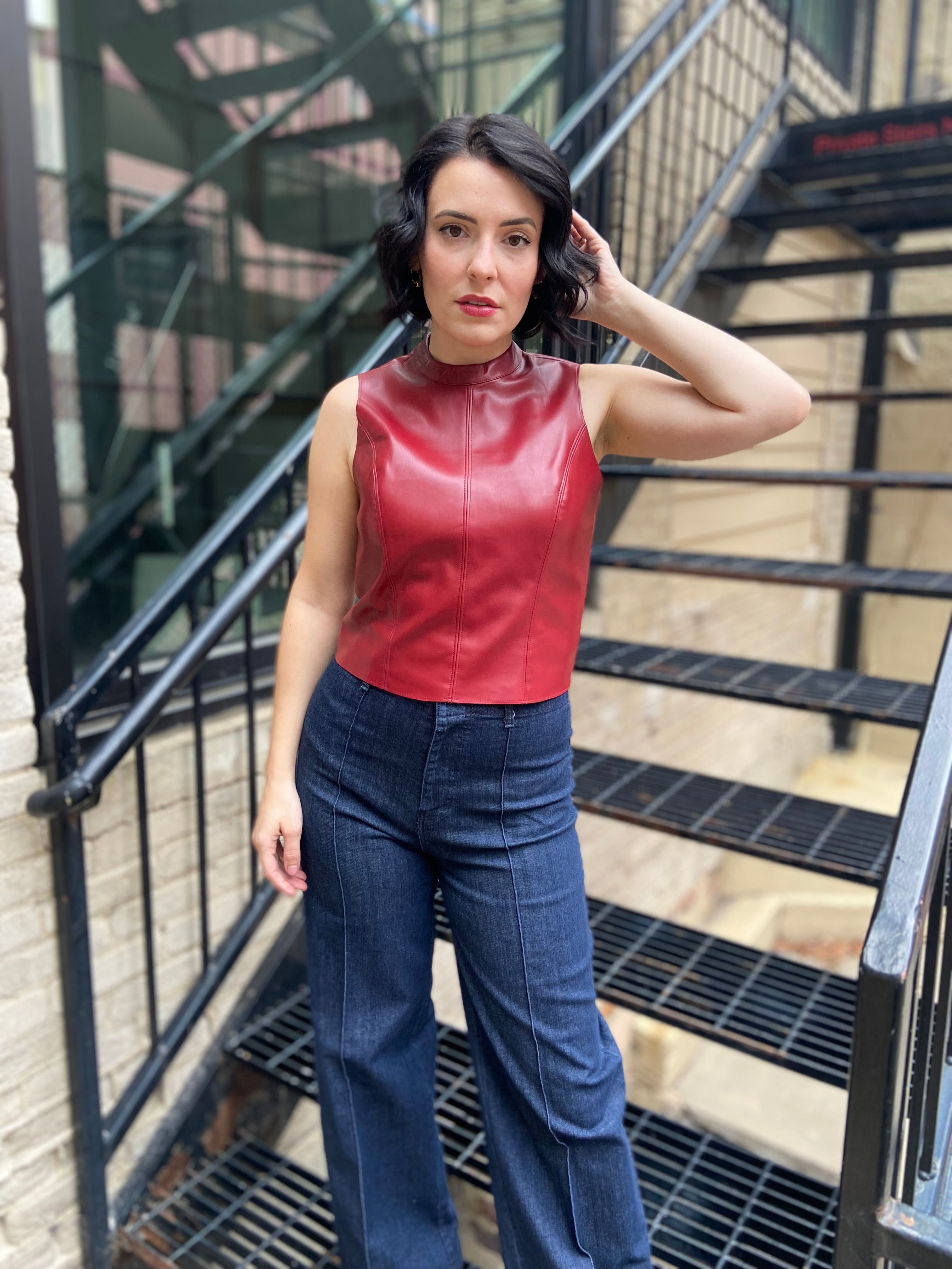 Mary Burgundy Vegan Leather Mock Neck Sleeveless Top
