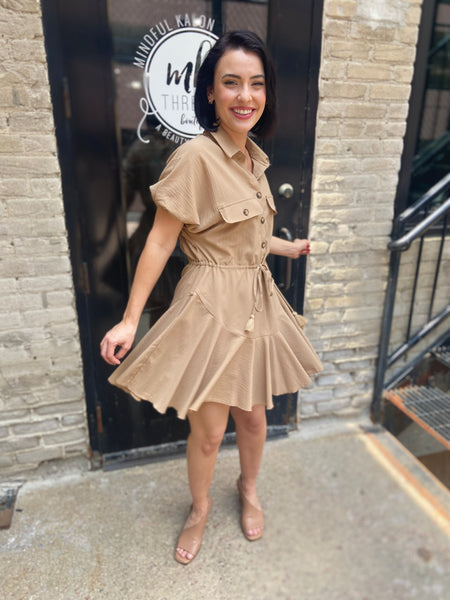 Sherri Camel Collared Ruffle Dress