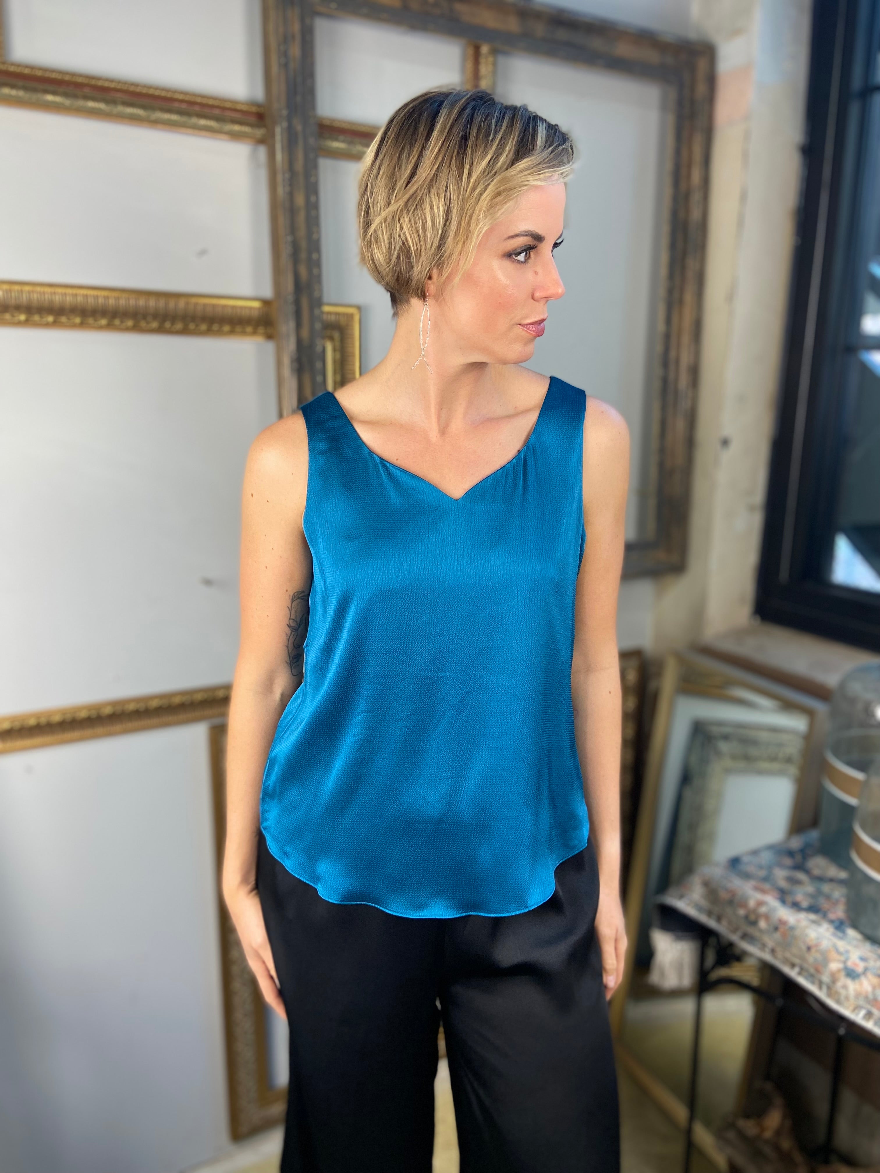 Foster Teal Plunge Neck Sleeveless Top
