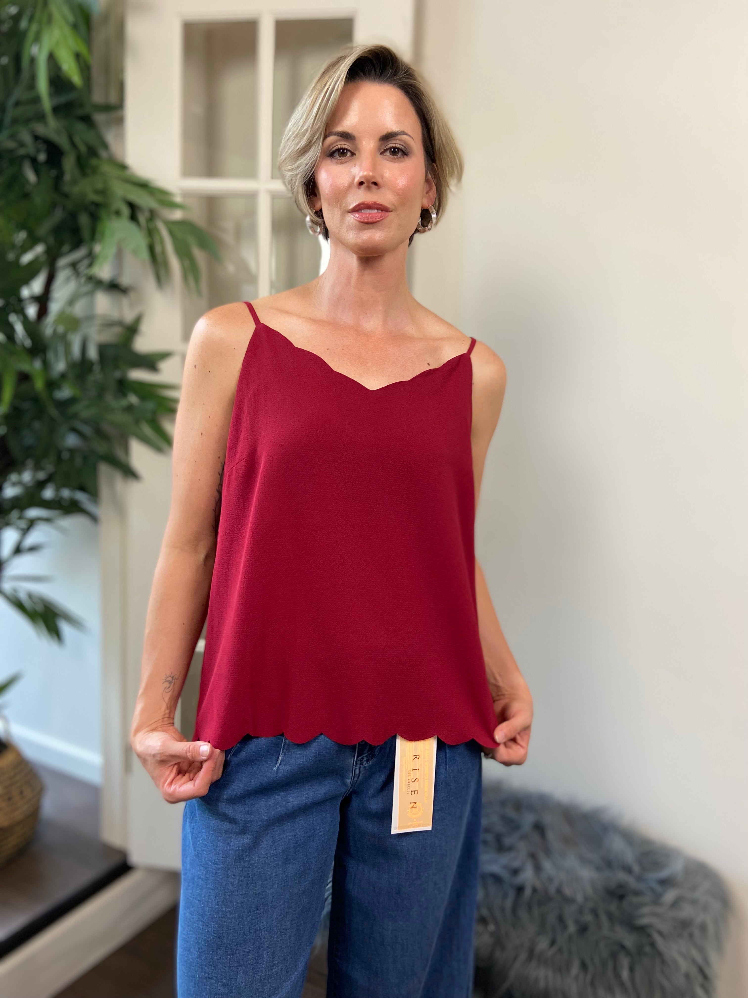 Asha Wine Scalloped V Neck Tank Top - MK Threads Boutique