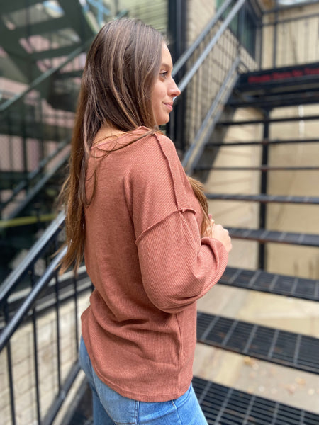 Bella Rust Ribbed Long Sleeve Top