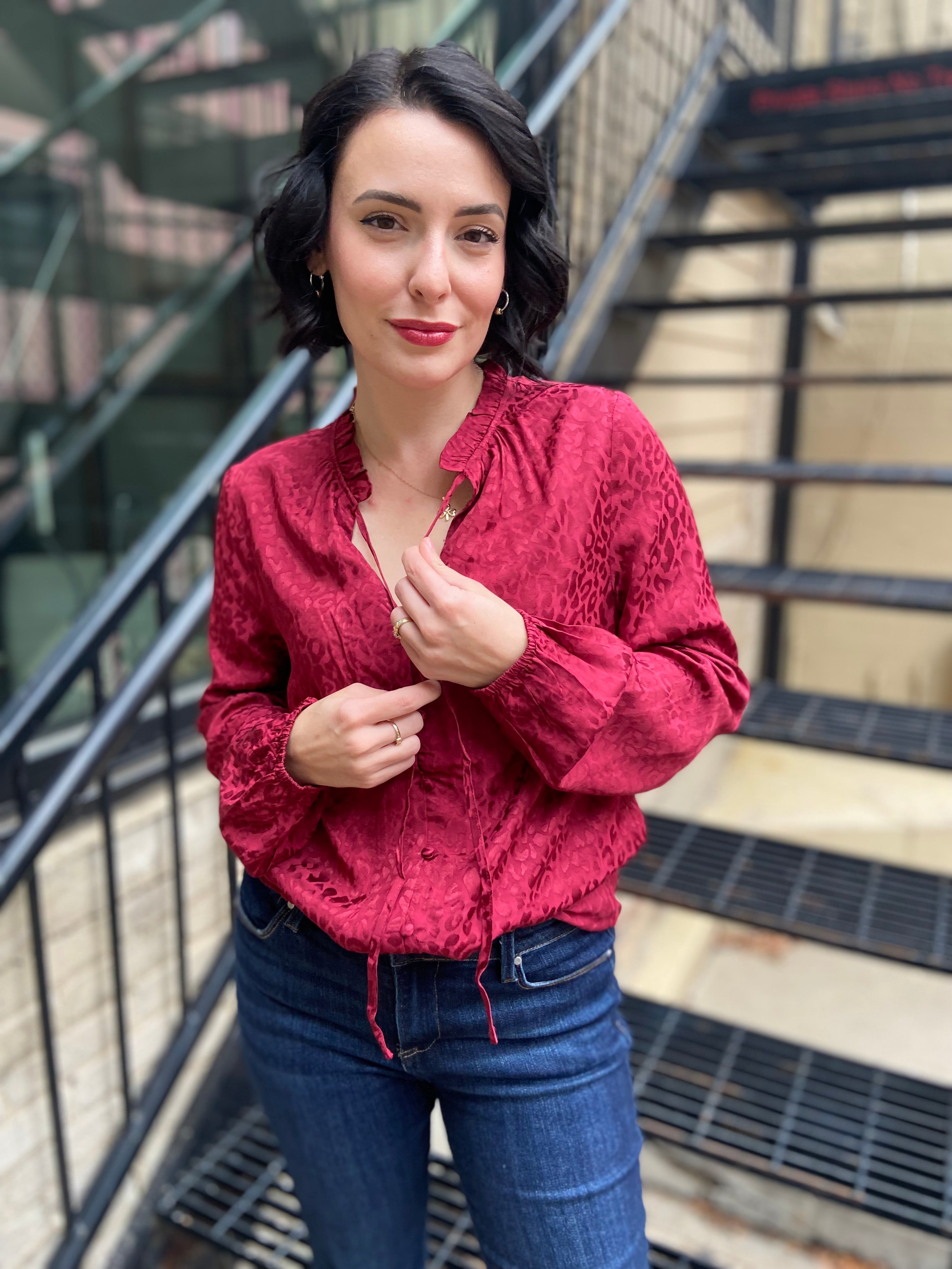 Jaquelin Burgundy Leopard Print Long Sleeve Blouse