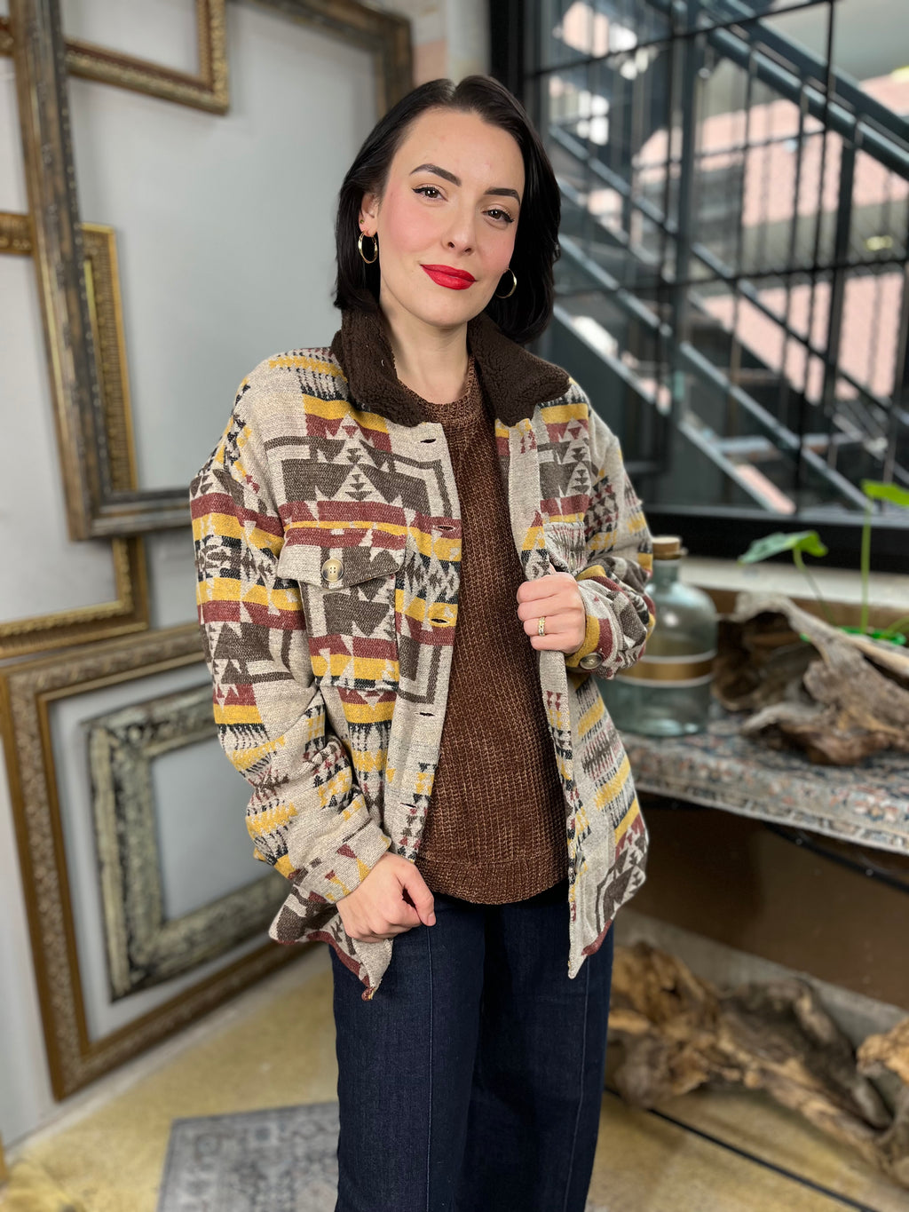 Zeze Taupe Aztec Fringe Shacket