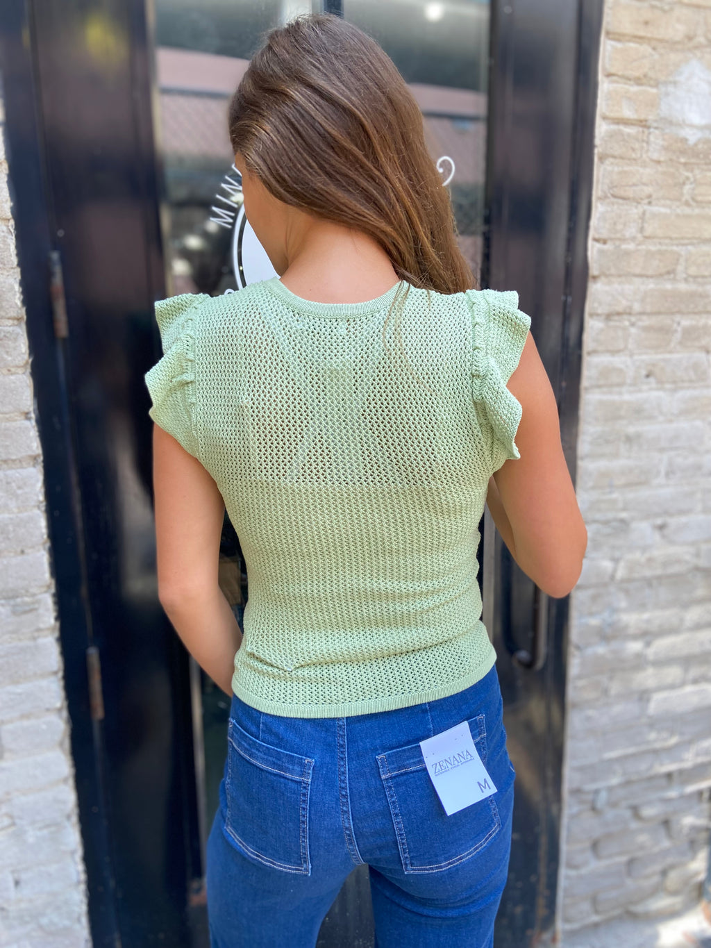 Olin Light Sage Ruffle Sleeve Knit Top