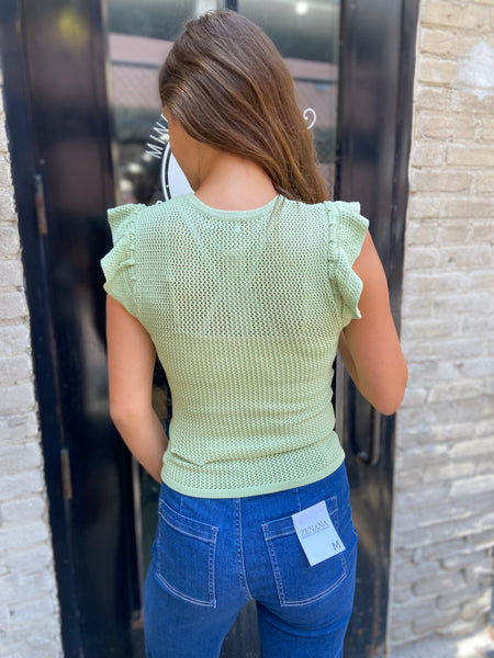 Olin Light Sage Ruffle Sleeve Knit Top