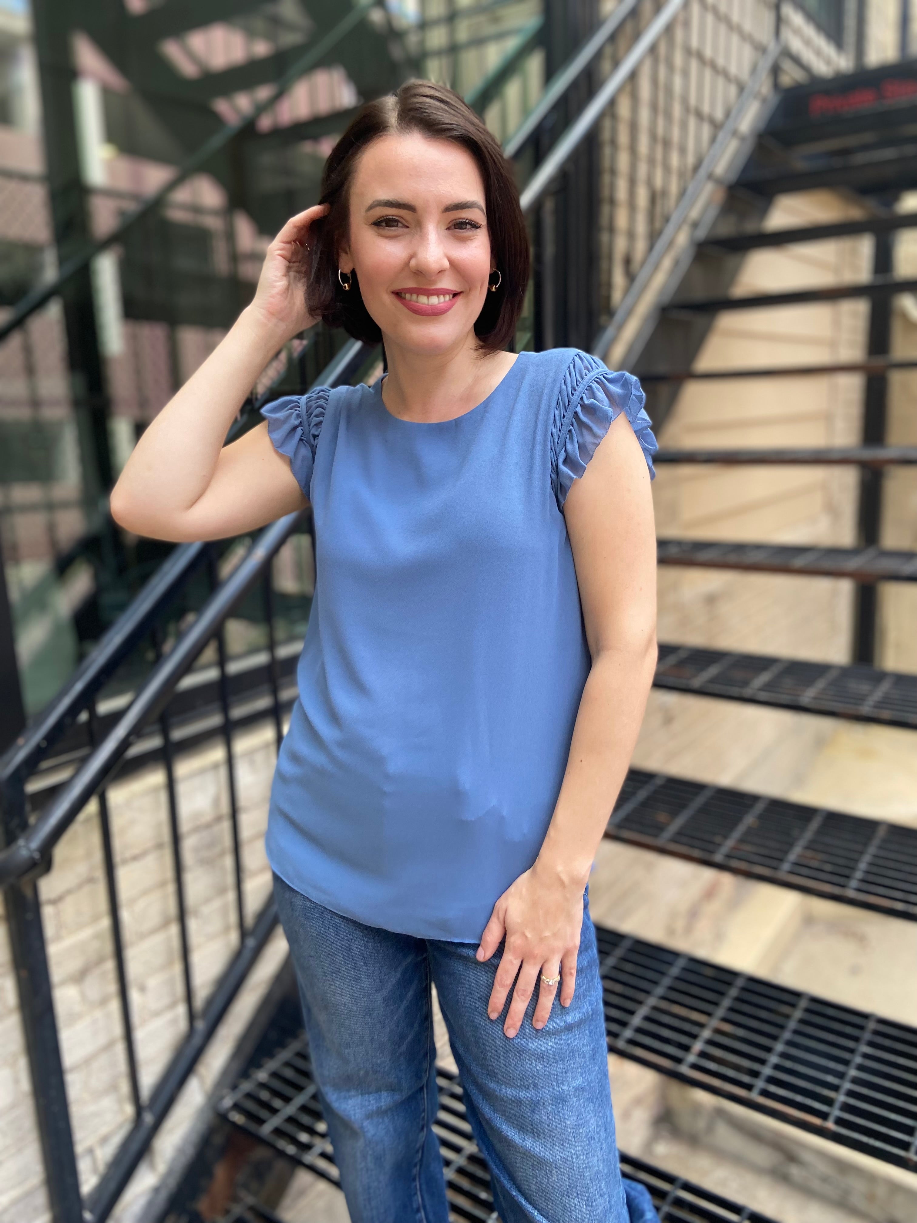 Miles Light Blue Ruffled Shoulder Cap Sleeve Top