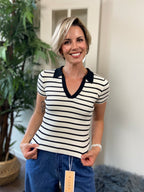 Elias Cream & Black Collared Stripe Top - MK Threads Boutique