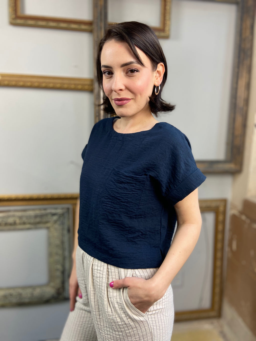 Audrey Navy Short Sleeve Linen Top