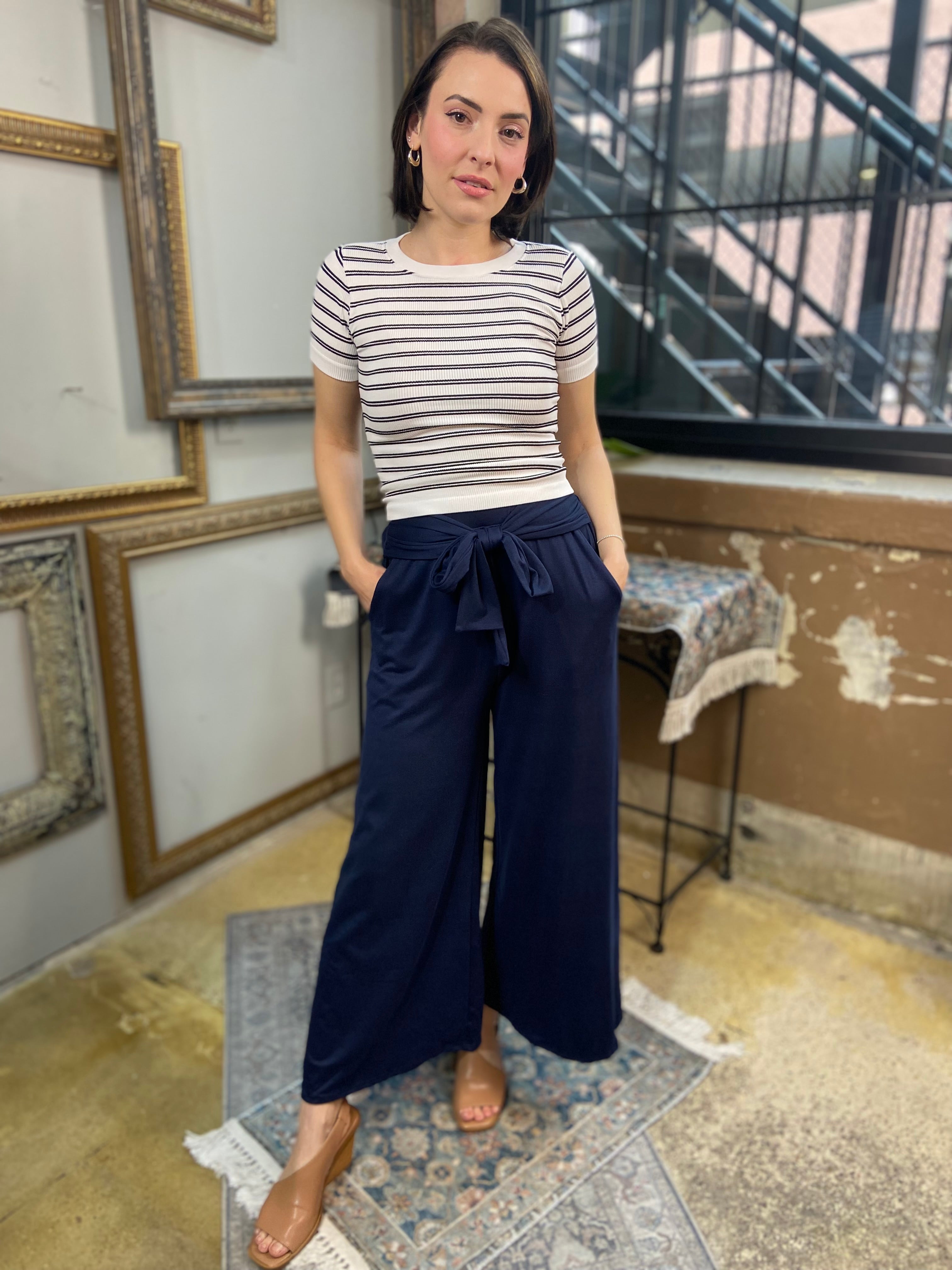 Barry Navy Blue Front Tie Knit Palazzo Pants - MK Threads Boutique