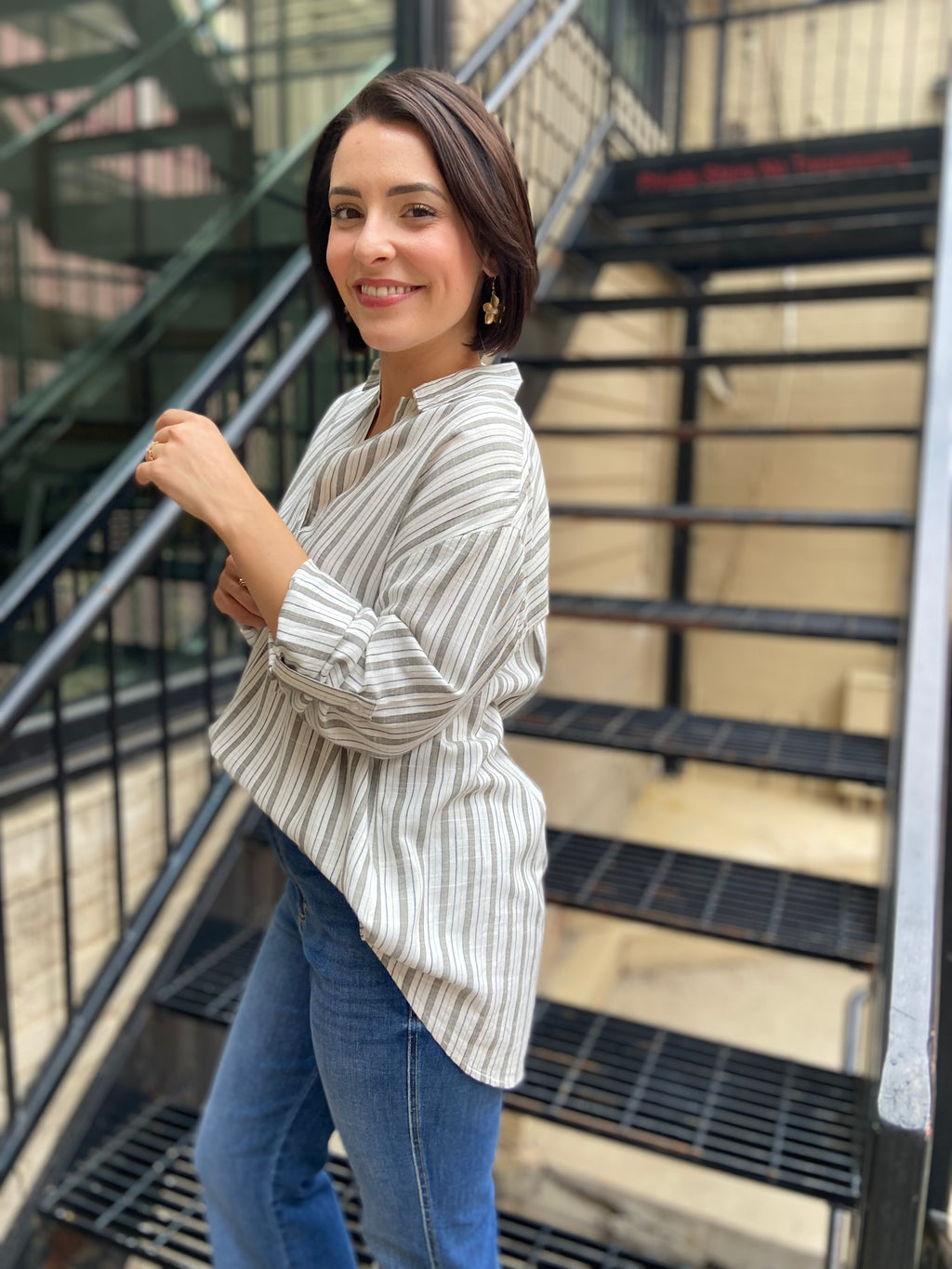 Olivia Grey/Olive Striped Collar Top