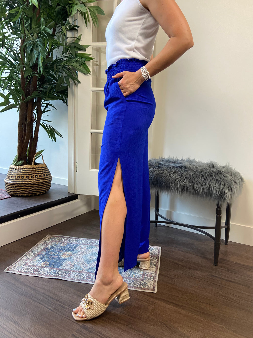Koa Royal Blue Smocked Slit Pants - MK Threads Boutique