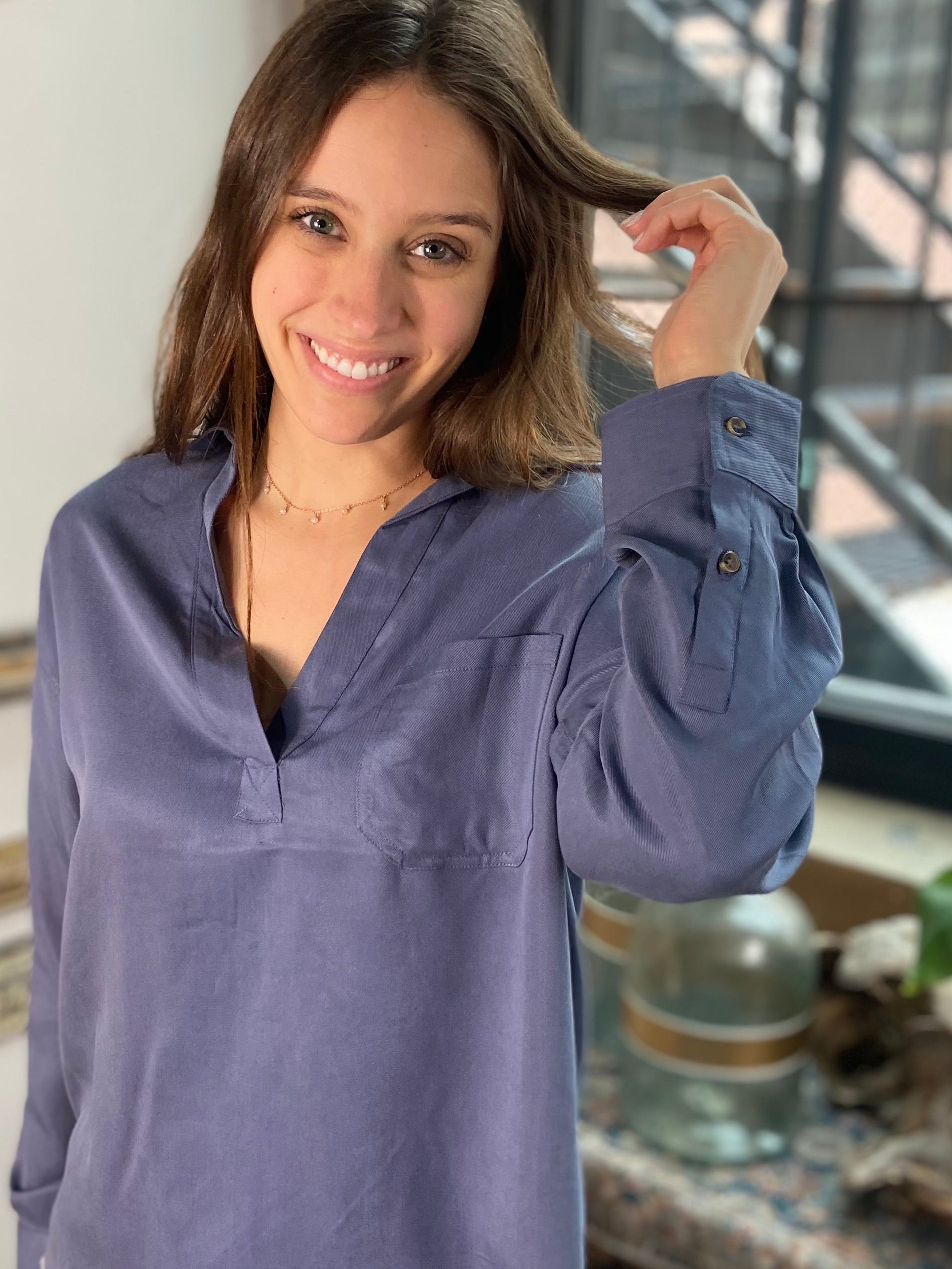 Quin Blue V Neck Long Sleeve Blouse