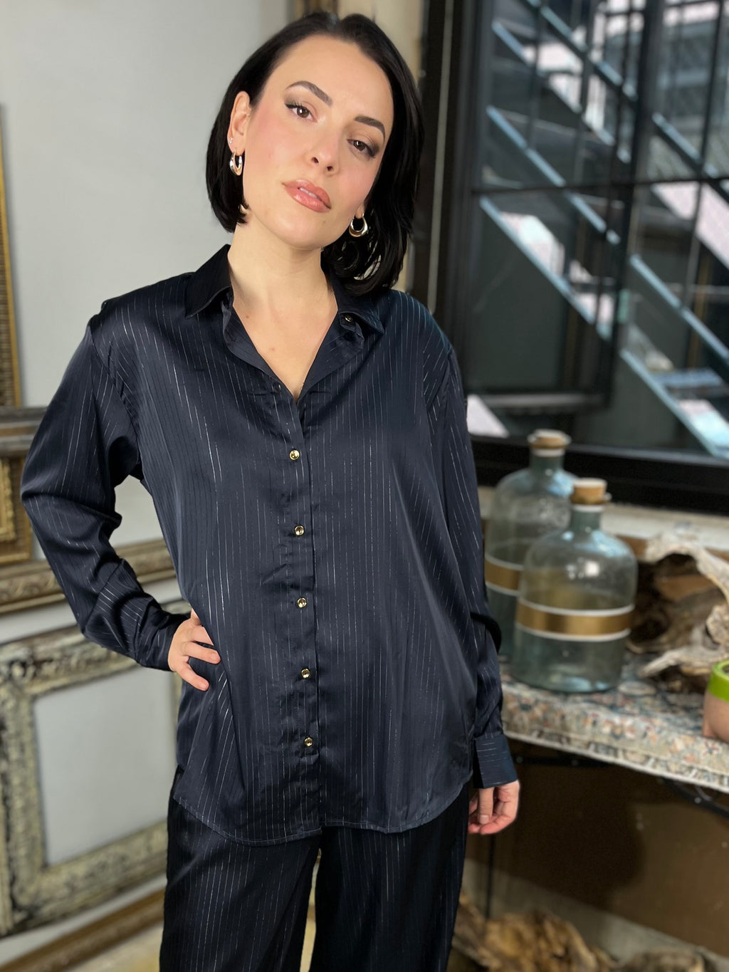 Nito Navy Satin Pin Stripe Button Up