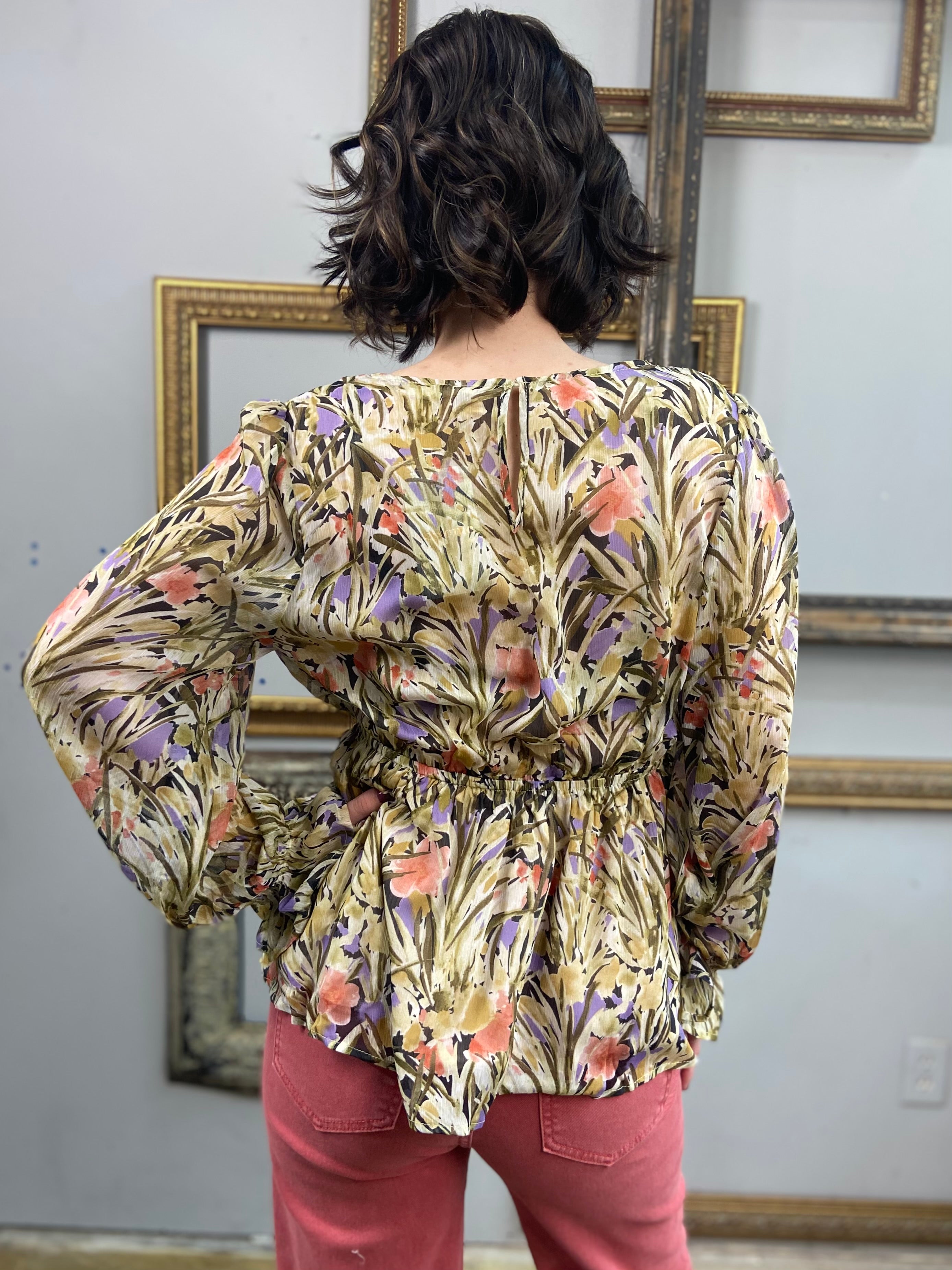 Ezra Olive Floral Pattern Long Sleeve Blouse - MK Threads Boutique