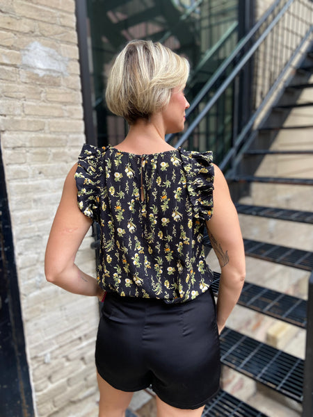Onyx Black Floral Ruffle Sleeveless Top
