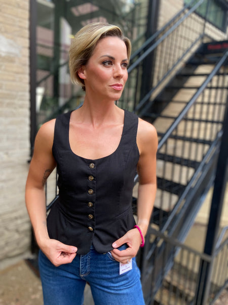 Keir Black Scoop Neck Linen Vest Top