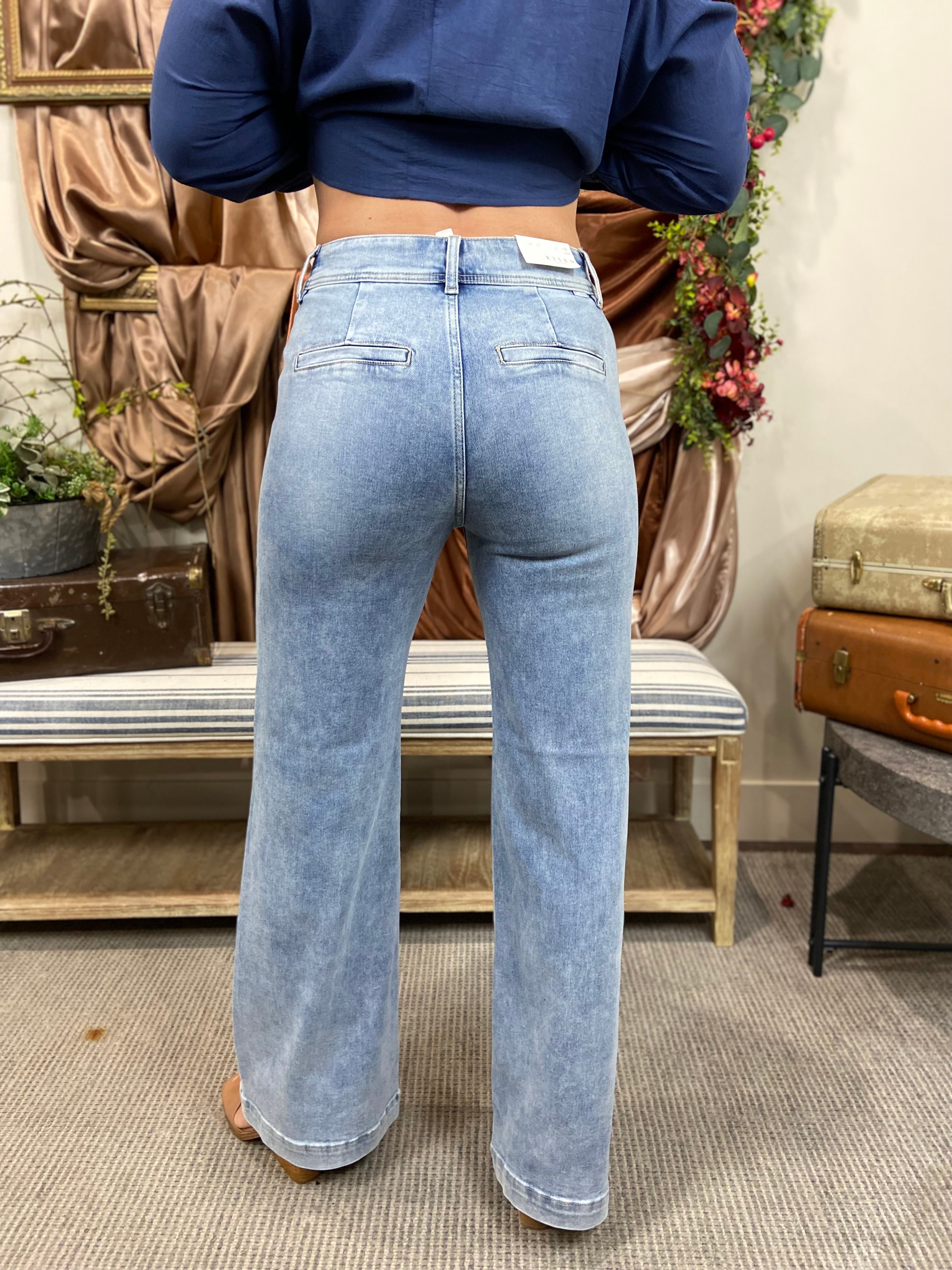 Flora High Waisted Double Button Light Wash Risen Jeans