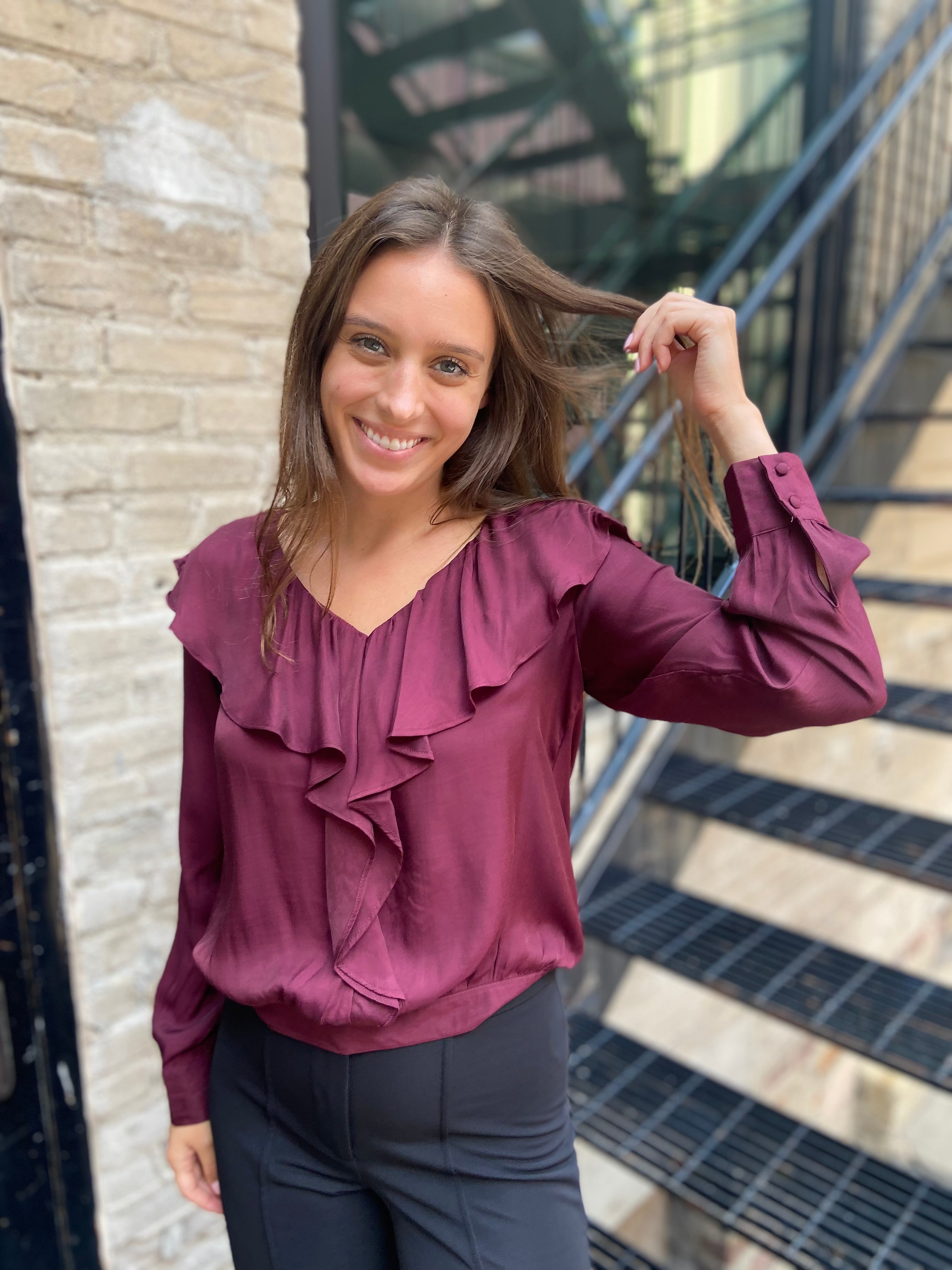 Nicole Raisin Ruffled V-Neck Long Sleeve Blouse