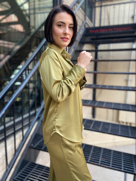 Orion Olive Satin Button Up Top