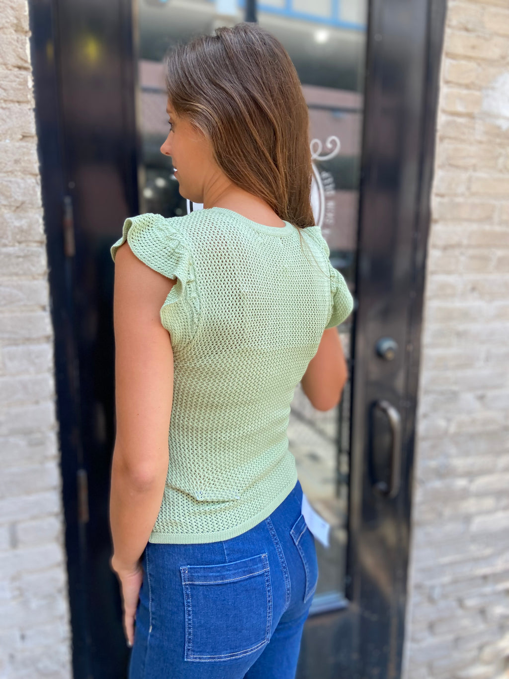 Olin Light Sage Ruffle Sleeve Knit Top