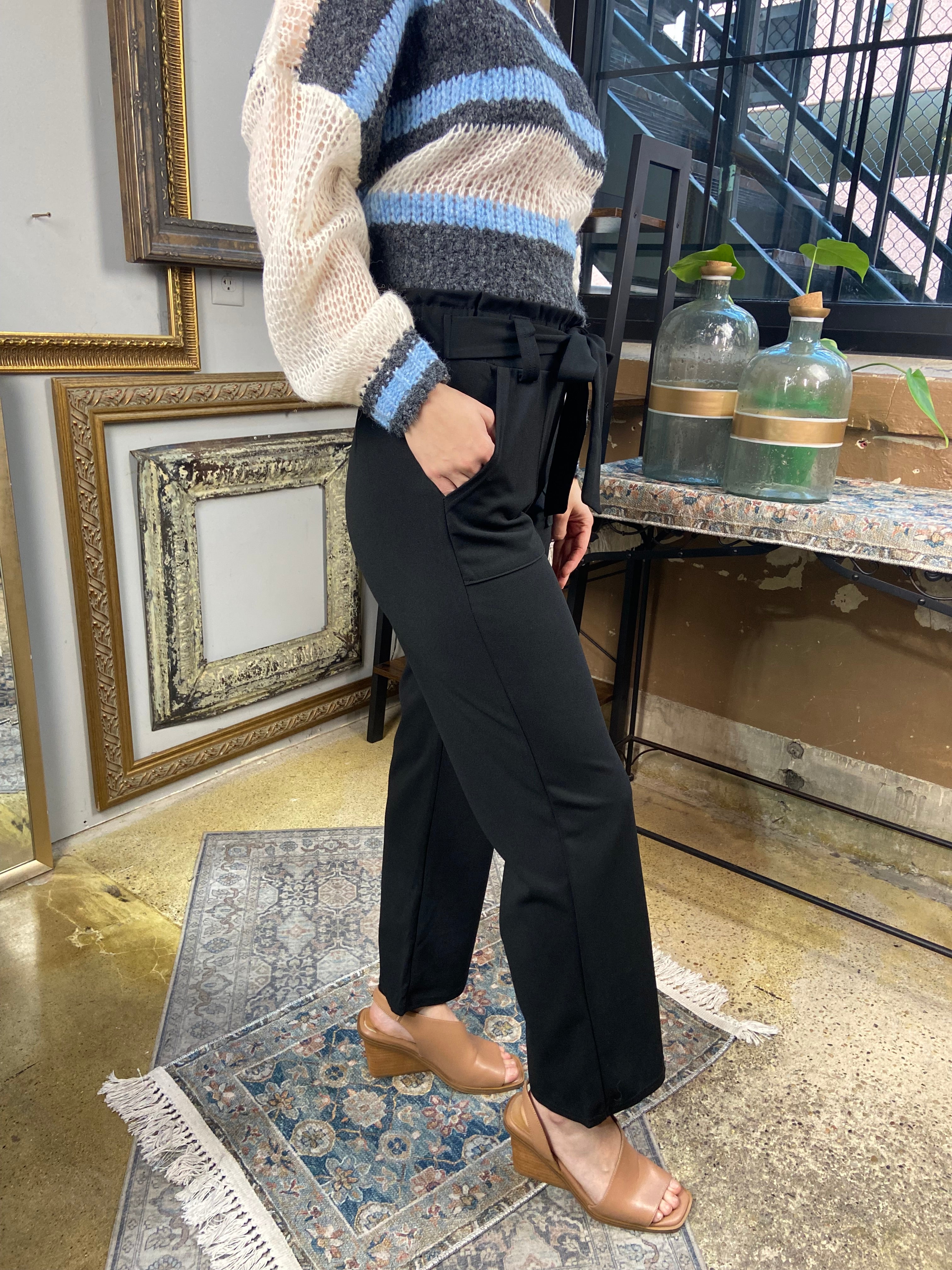 Sadie Black Knit Paperbag Tie Pants