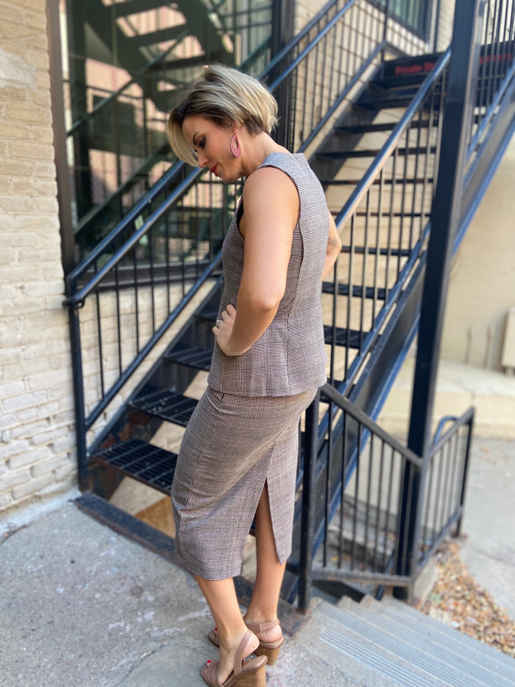 Parker Taupe & Pink Plaid Belted Midi Skirt