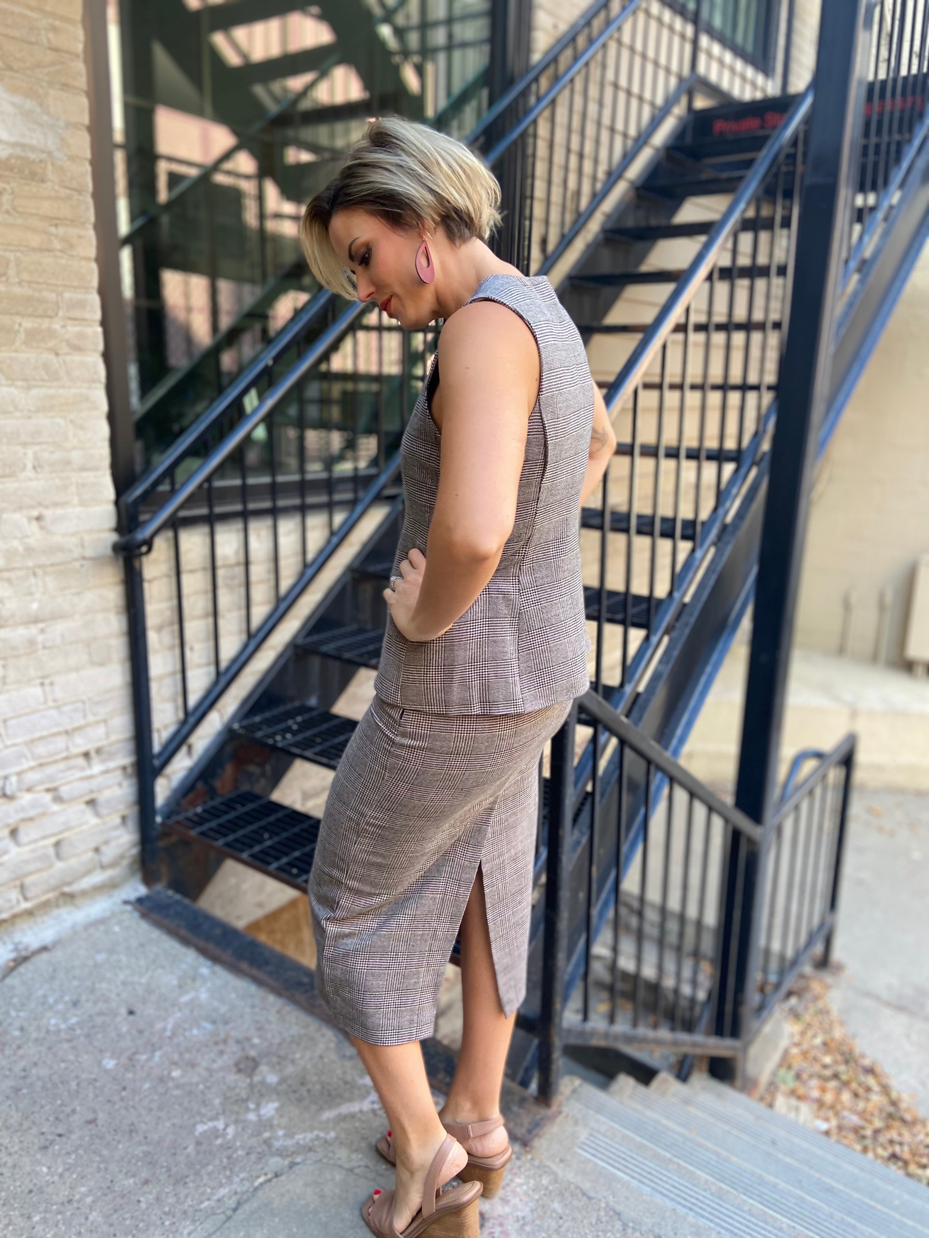 Parker Taupe & Pink Plaid Belted Midi Skirt