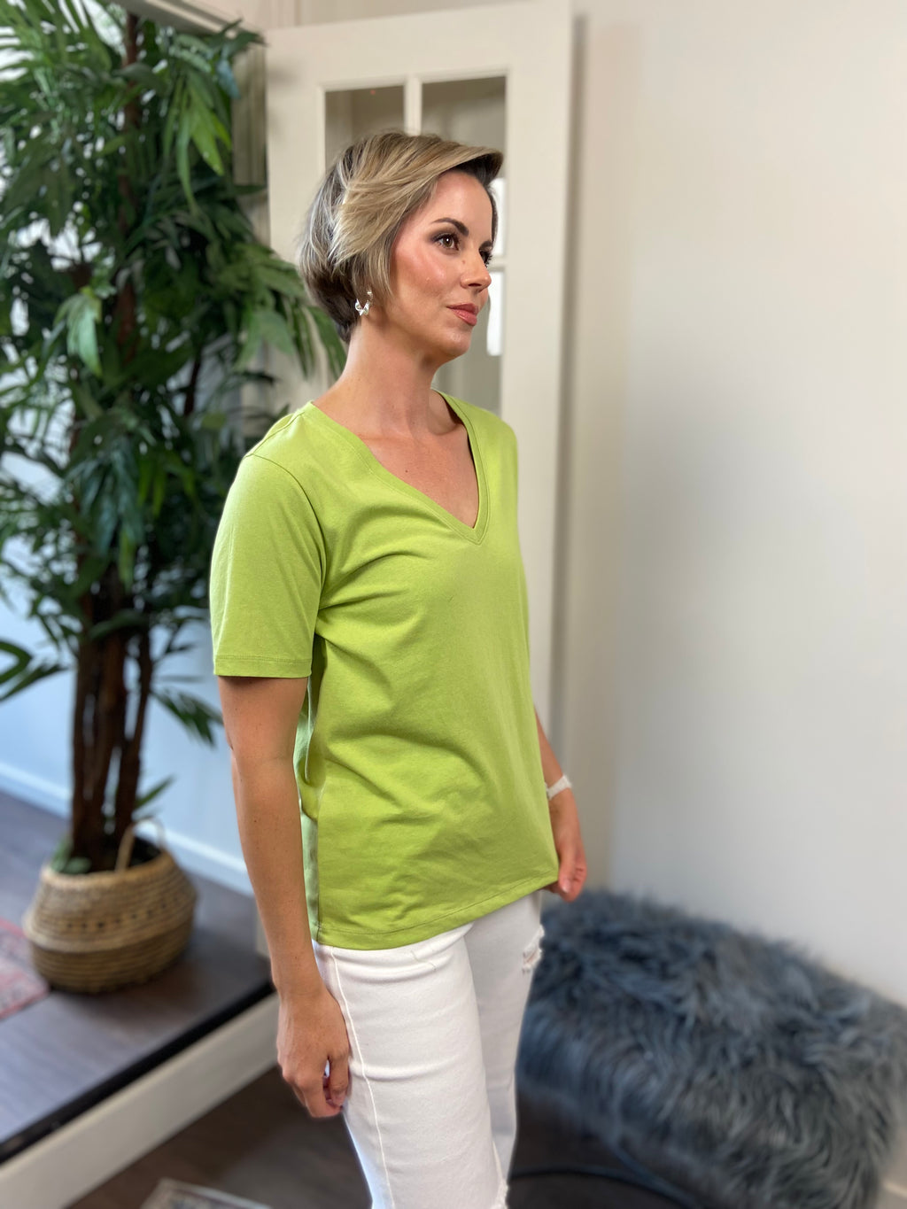 Hallie Light Olive V Neck Short Sleeve Top - MK Threads Boutique