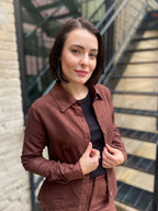 Eli dark Brown Suede Long Sleeve Button Up Top