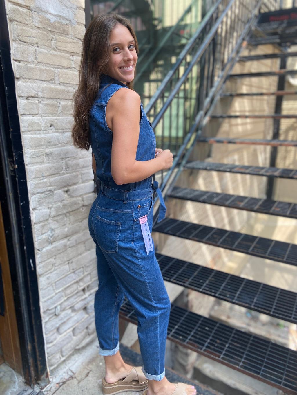 Claire Medium Wash Straight Leg Tie Waist Denim Jumpsuit