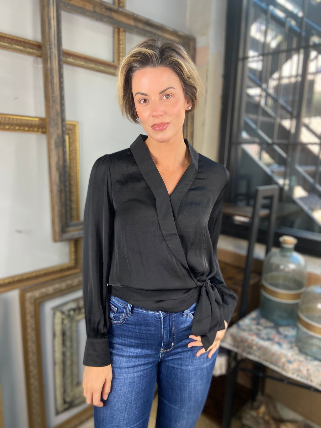 Brooke Black Tie Long Balloon Sleeve Blouse