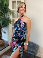 Natalie Black & Floral Detail Halter Neck Hi-Low Maxi Dress - MK Threads Boutique