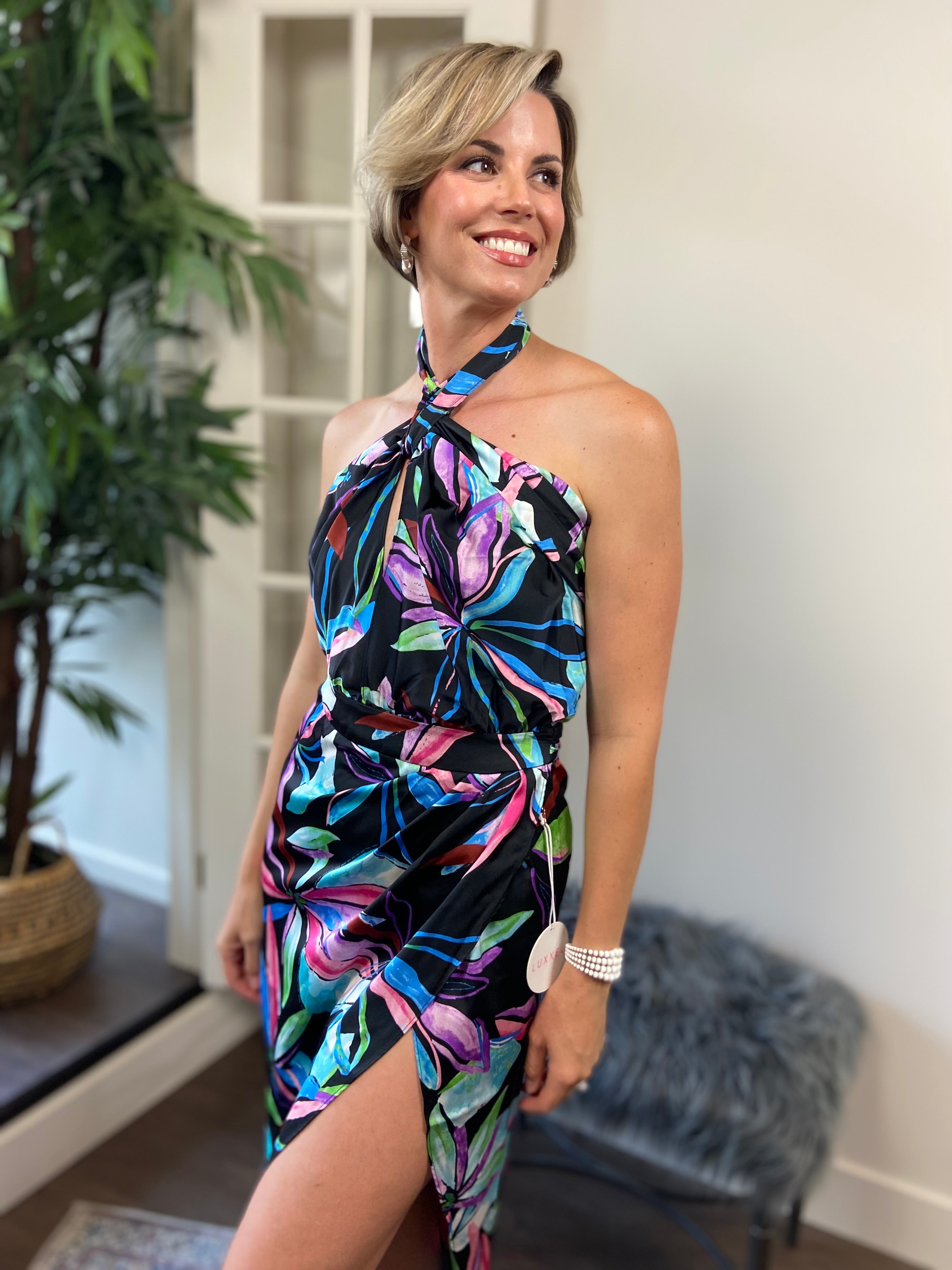 Natalie Black & Floral Detail Halter Neck Hi-Low Maxi Dress - MK Threads Boutique