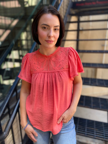 Fallon Plus Size Coral Sheer Lace Blouse