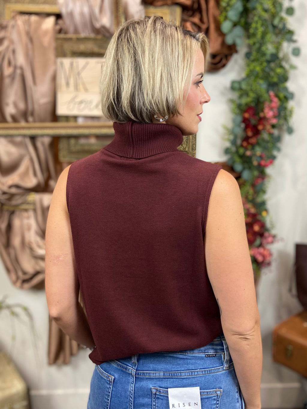 Lenna Maroon Sleeveless Turtle Neck Top