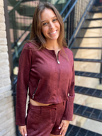 Angela Burgundy Suede Long Sleeve Zip Up Jacket