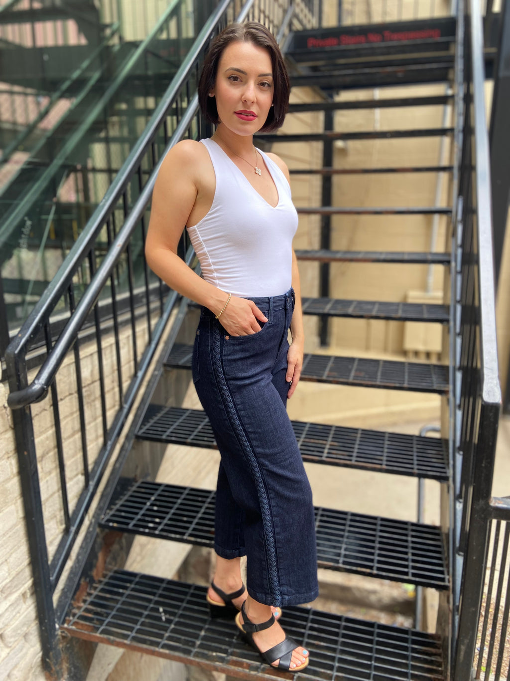 Charles Dark Wash Cropped Braided Side Judy Blue Jeans