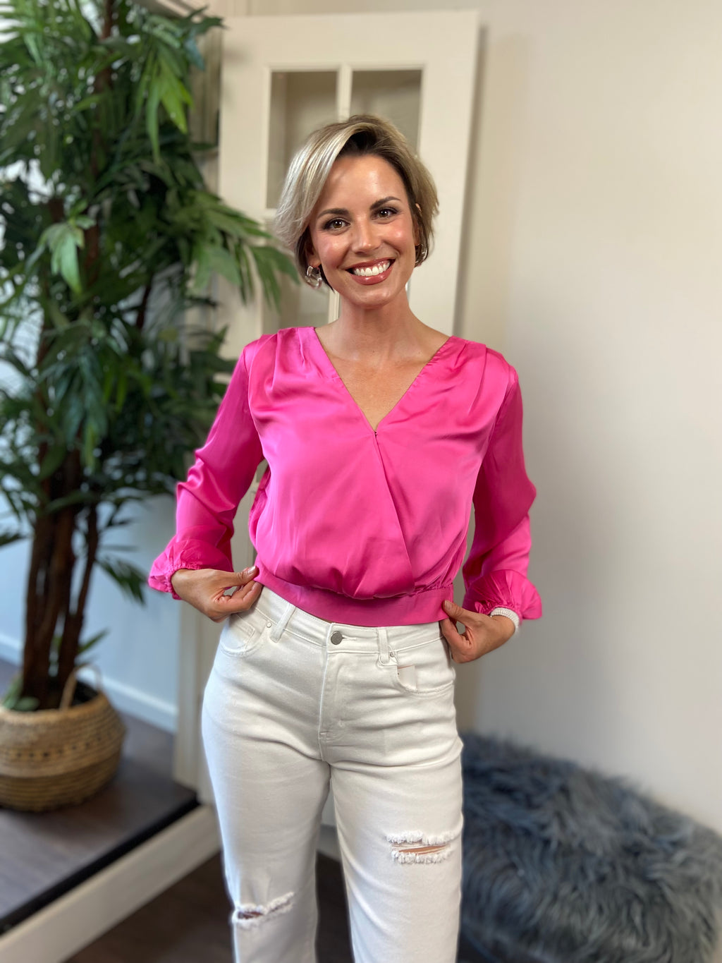Elio Hot Pink V Neck Long Sleeve Blouse - MK Threads Boutique