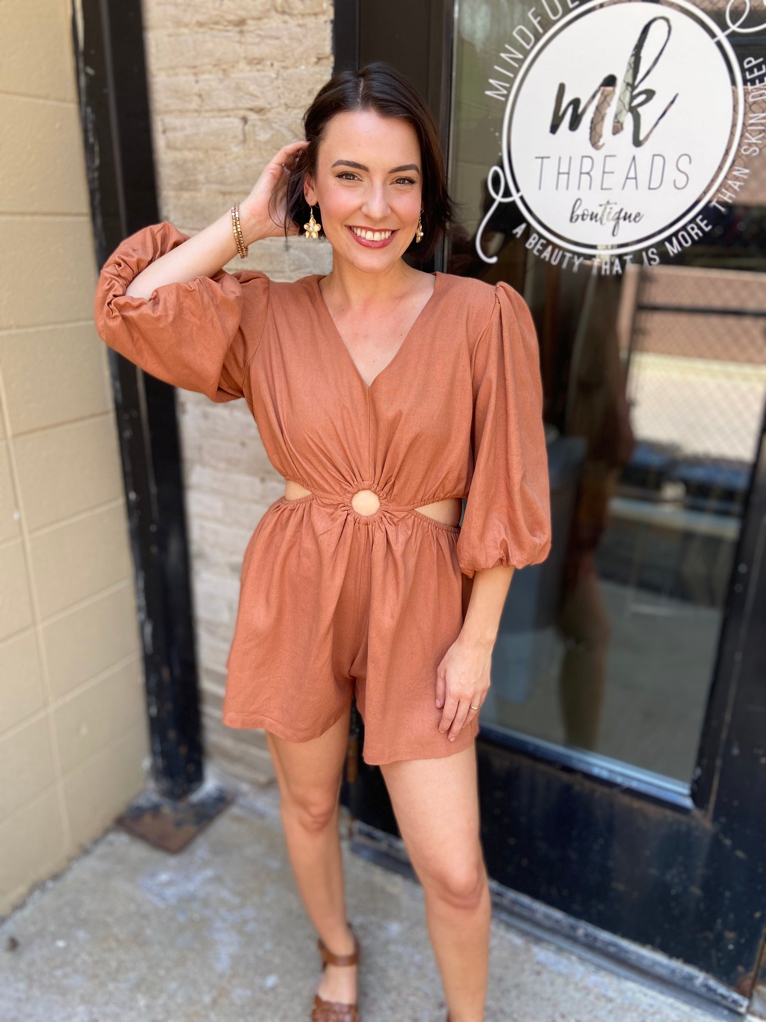 Lina Burnt Orange Half Sleeve Linen Romper