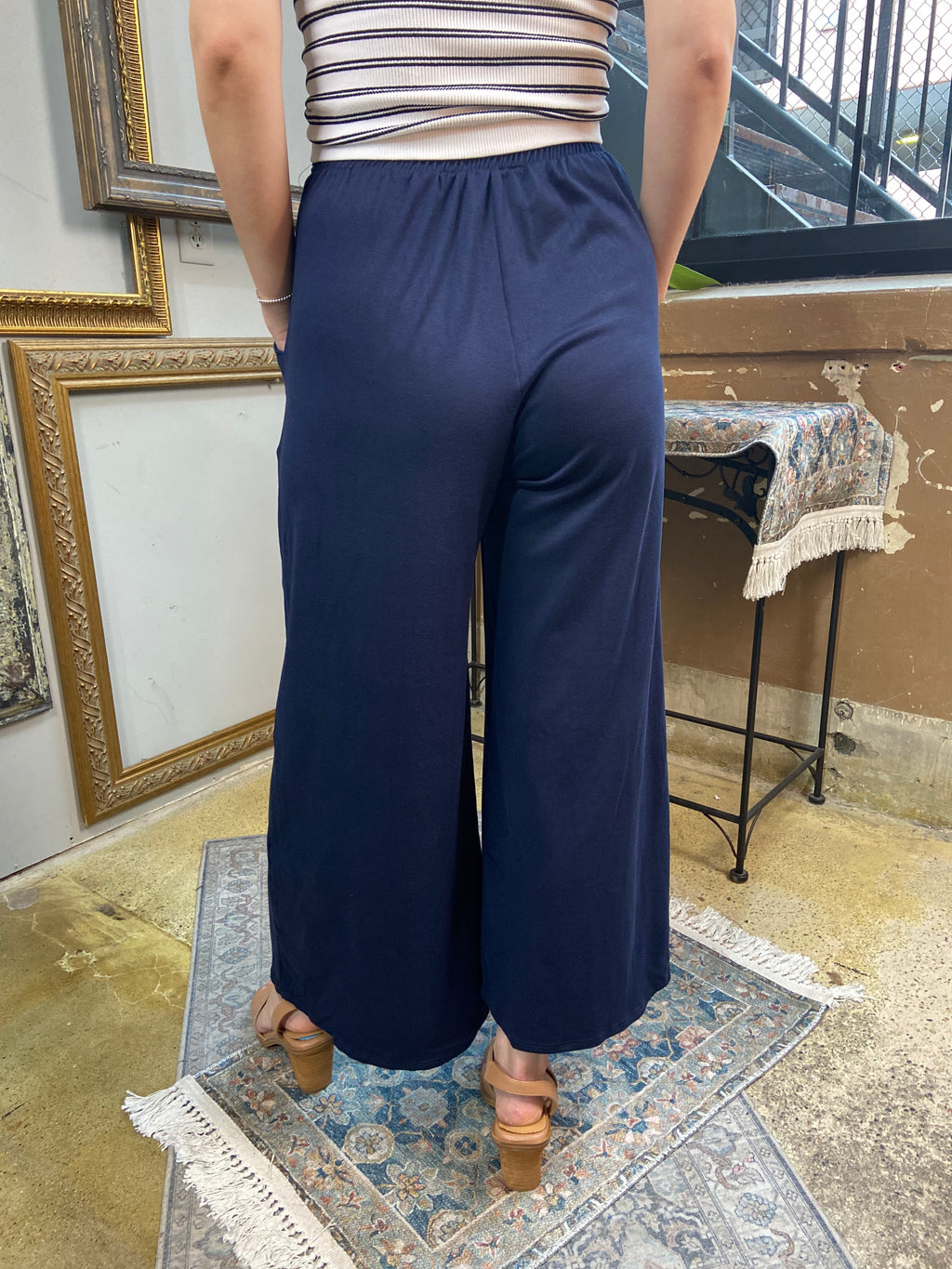 Barry Navy Blue Front Tie Knit Palazzo Pants - MK Threads Boutique