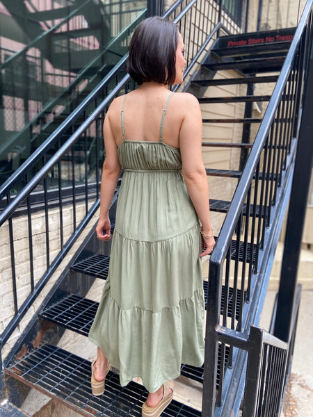Keelie Olive Green Tiered Midi Dress
