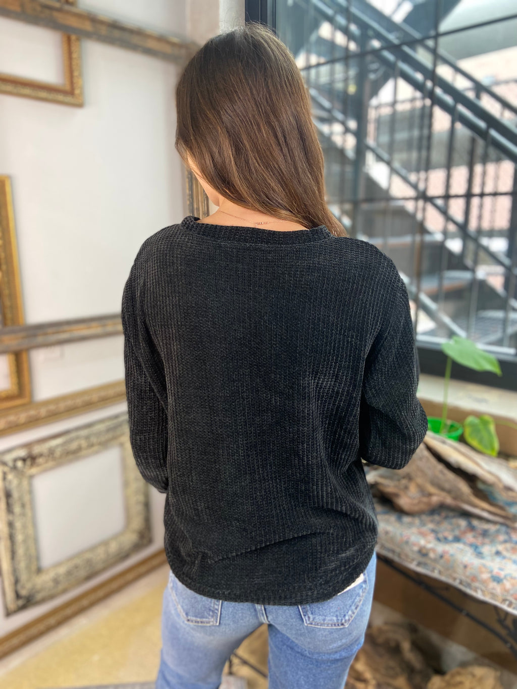 Kayla Black Chenille Waffle Round Neck Sweater