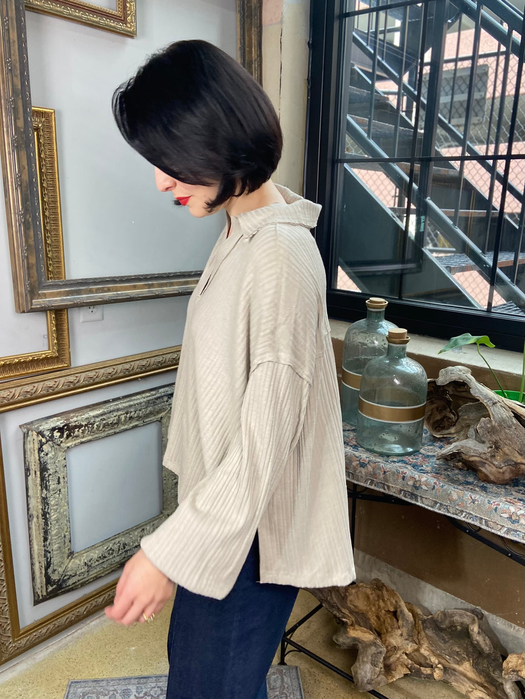 Bailey Almond Quarter Split Ribbed Sweater