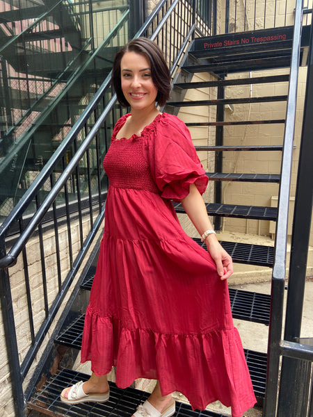 Tatum Wine Puff Sleeve Midi dress