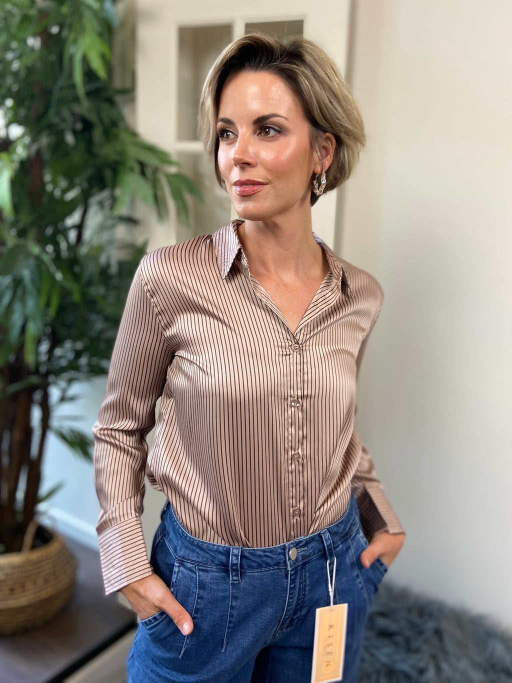 Ansel Light Mocha Pin Stripe Button Up - MK Threads Boutique