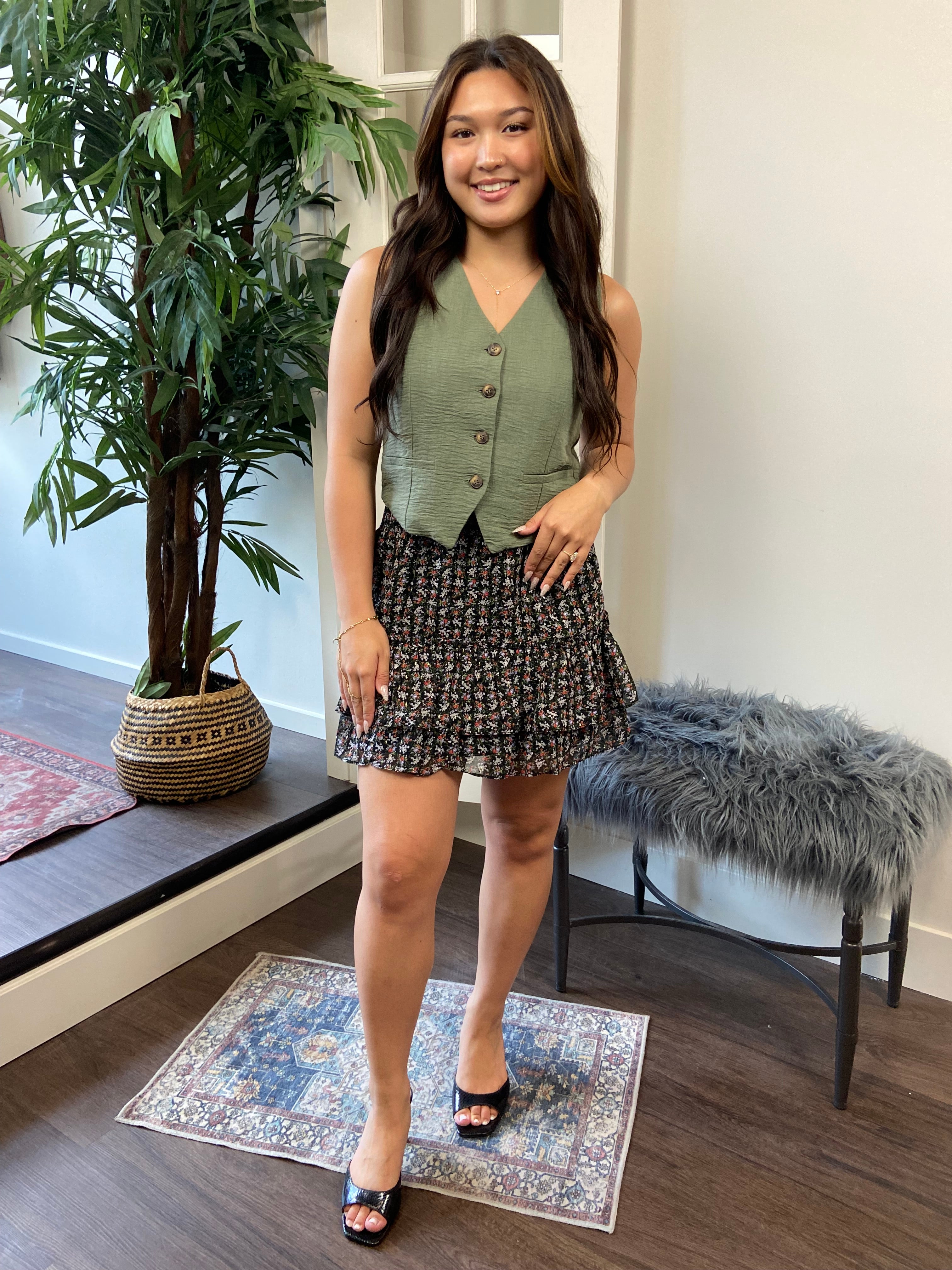 Jasper Black Floral Tiered Mini Skirt